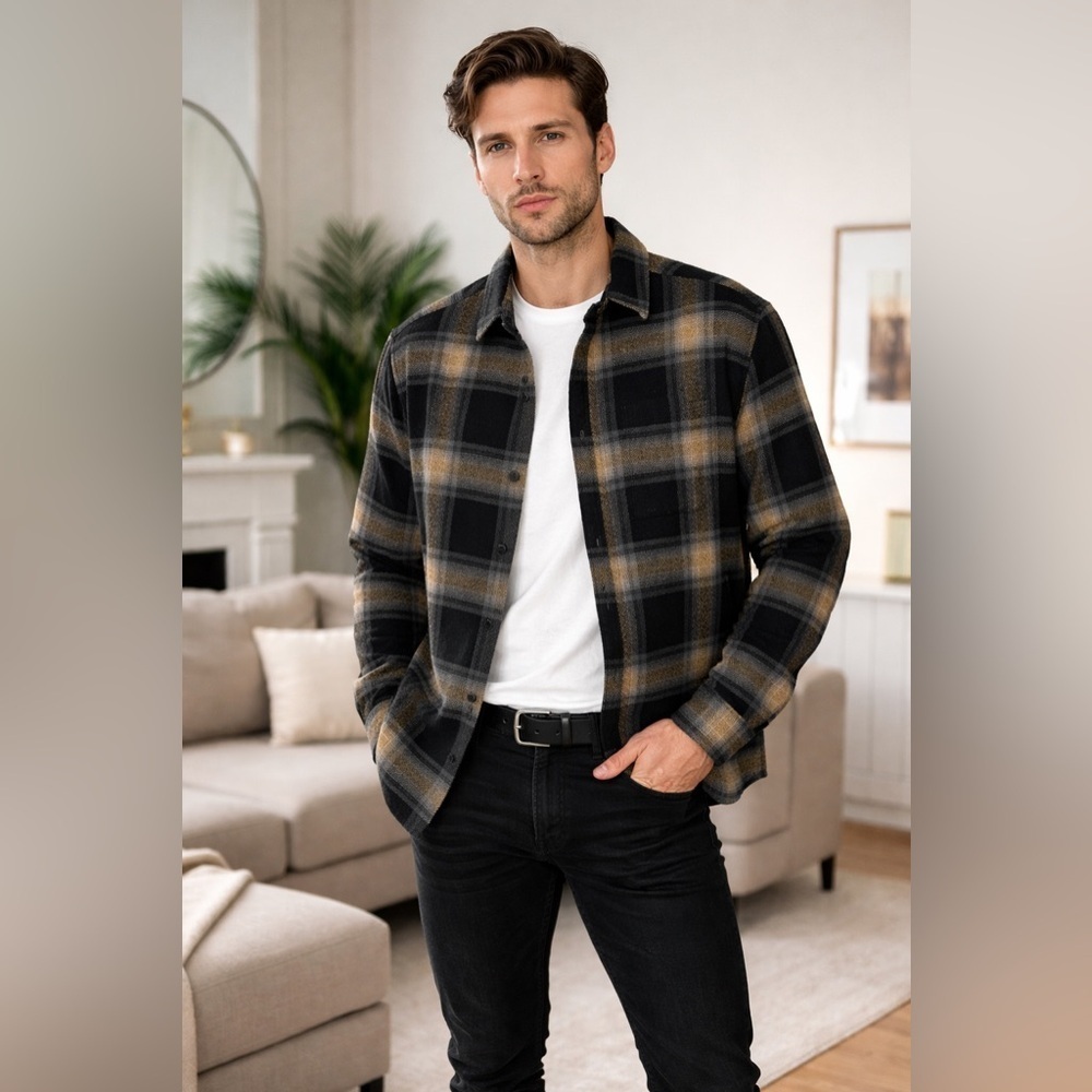 ❤️ Jack & Jones Men’s Black and Yellow Plaid Shirt size M